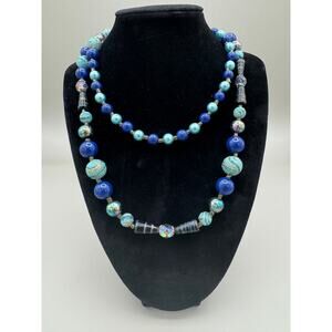 Vintage Blue Teal Gold Metallic Beaded Necklace